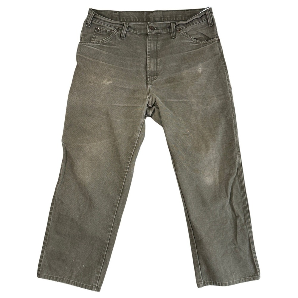 Dickies Carpenter Pants Mens Distressed 34x27 Olive Green Cotton Canvas Workwear